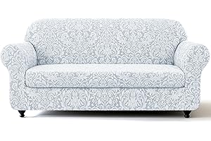 SUBRTEX 2 Piece Couch Covers, Jacquard Damask 3 Seater Sofa Cover with Seat Cushion, Stretch Sofa Slipcovers Non Slip Furniture Protector for Dogs Pets (Large, Light Grey)