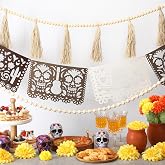 RoundFunny 3 Pack 23 ft Day of The Dead Garland, Dia De Los Muertos Decor | Neutral Wood Bead Felt, Altar Day of The Dead Banners, Festival Home Mantel Door Window Indoor Mexican Fiesta Party Supplies