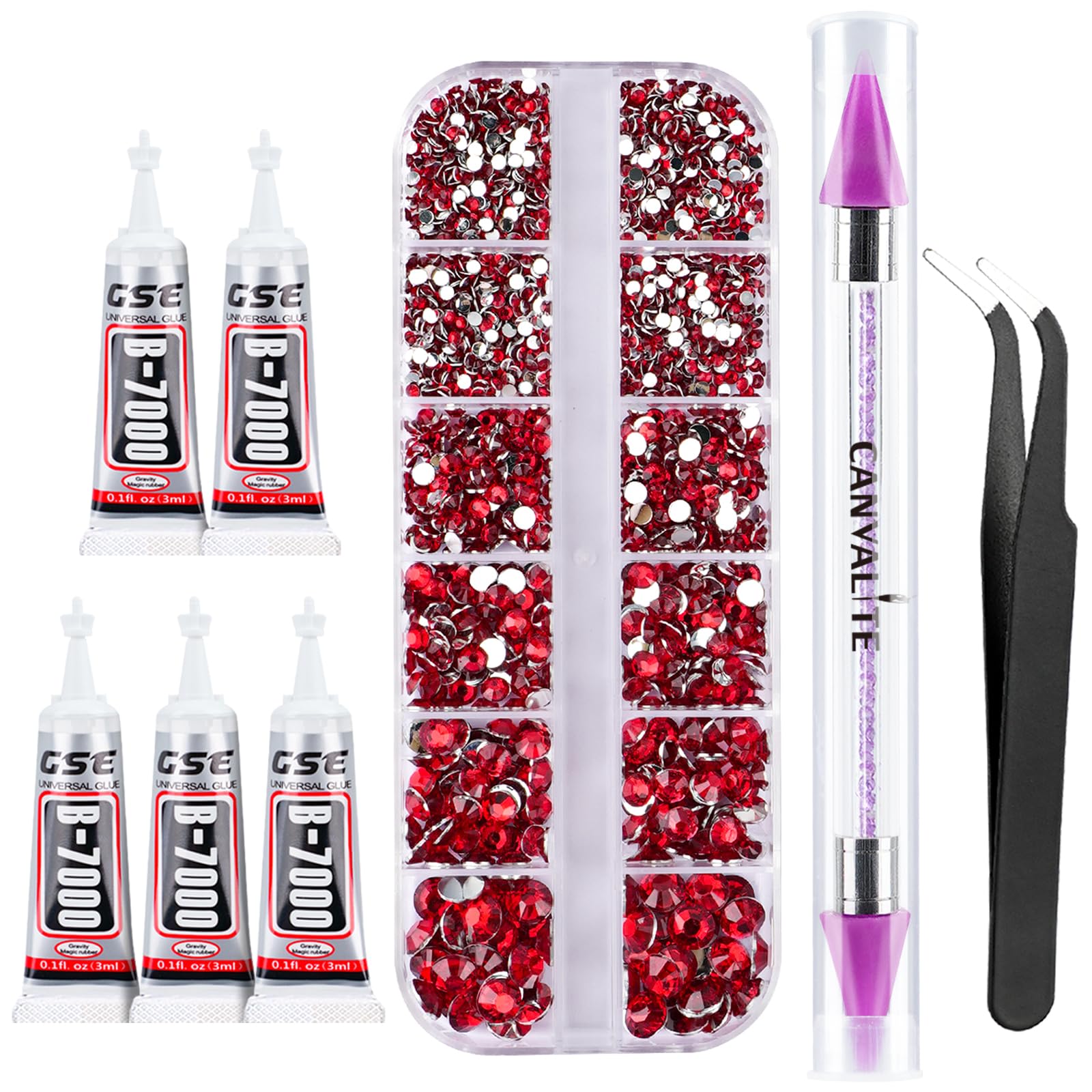 Photo 1 of Canvalite 2784PCS Red Rhinestones Flat Back Gems, Nail Rhinestones Gems with 5Pcs Jewelry Glues, Pick Up Tweezers and Diamonds Picker Dotting Pen, Tools for Nail Art, Clothes, Face, Crafts