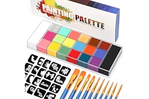 POZILAN 20 Colors Body Face Paint Cosplay Makeup Palette Kit, Professional Face Painting Kit for Kids & Adults with 10 Brushes, Red Black White Special Effects Paints Palette for Halloween