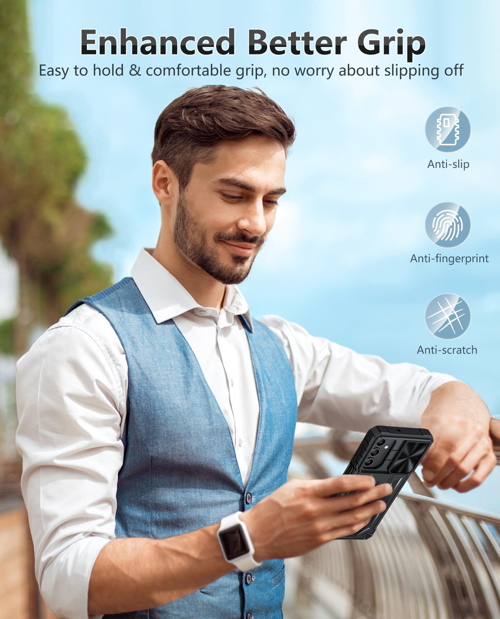 FNTCASE for Samsung Galaxy A15-5G Case: Rugged Protective Phone Cases with Kickstand & Holster | Military Grade Shockproof Protection Sturdy Heavy Duty Drop Proof Hard Covers 6.5 inch Black
