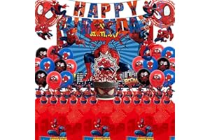 SALEIX 51PCS spidey birthday party supplies, backdrop, "Happy Birthday" banner,tablecloth, large aluminum balloon, small aluminum balloons, latex balloons, cake topper,cupcake toppers, hanging swirls