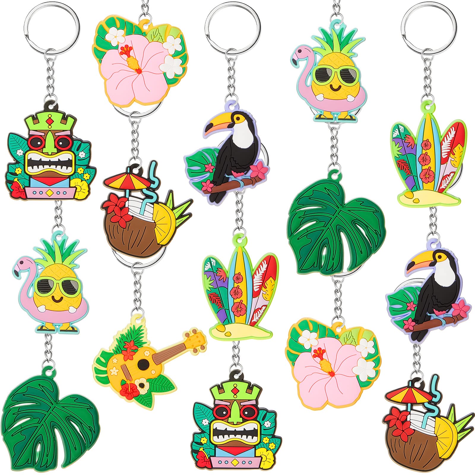 Photo 1 of Highergo 32 Pcs Hawaiian Luau Party Keychain Tropical Flamingo Pineapple Surfboard Key Ring Aloha Beach Pool Party Favors Supplies for Hawaiian Holiday Gifts