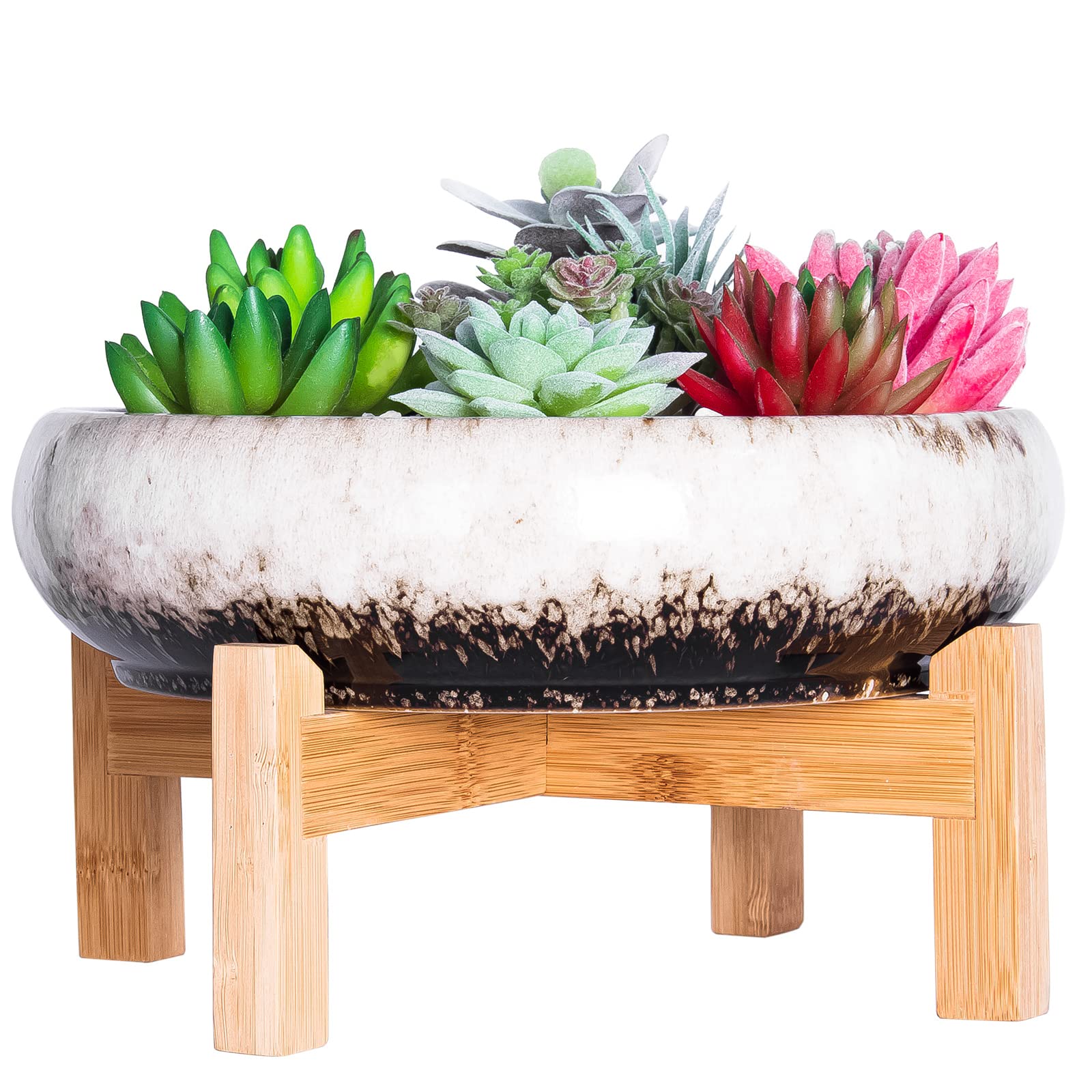 ARTKETTY Succulent Plant Pot - Large Bonsai Pot with Stand Shallow Cactus Plant Pot with Mess Drainage Screen, 25.4 CM Ceramic Flower Plant Container Bowl for Indoor/Outdoor (White)