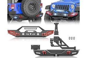 EYOUHZ for JK Front and Rear Bumpers with Spare Tire Carrier Compatible with 2007-2018 Jeep Wrangler JK JKU with Winch Plate, LED Lights, Paintable Armor, Hitch Receiver, License Plate Frame & D-rings