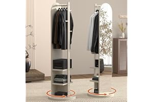 Maeklon Newest 360° Swivel Full Length Mirror with Coat Rack, 2-in-1 Freestanding Floor Mirror & Organizer, Solid Full Length