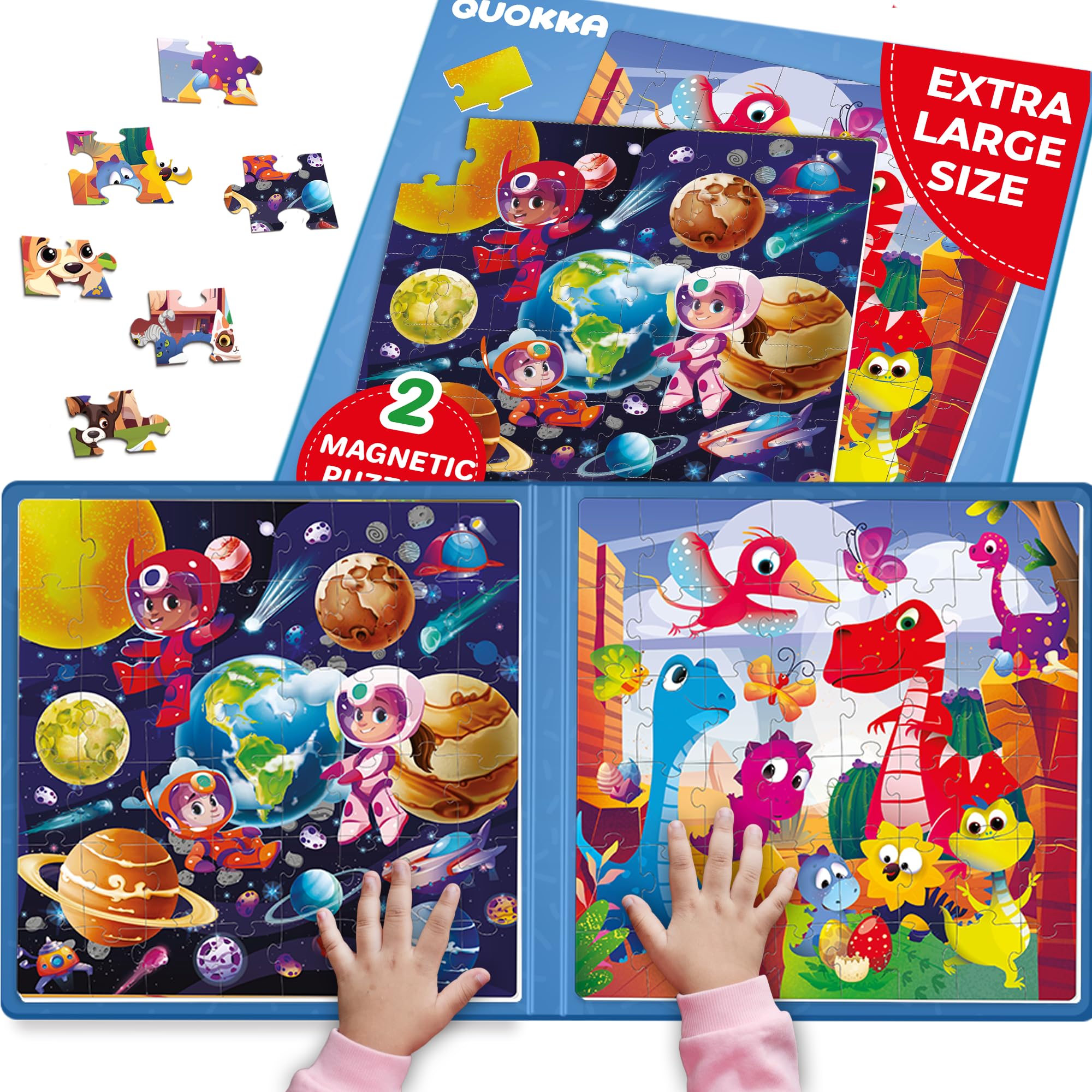 QUOKKA Magnetic Puzzles for 3 4 Year Olds - Travel Games for Kids Age 4 5 6 - Toddlers Travel Toys on Plane Car Ride - 48 Pieces Dinosaurs & Space Jigsaw Games 3 Year Olds - Kids Plane Activities — image 1