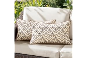 ANRODUO Floral Outdoor Throw Pillow Covers 12x20 Waterproof Set of 2 Lumbar Block Print Decorative Cushion Cases with Refined