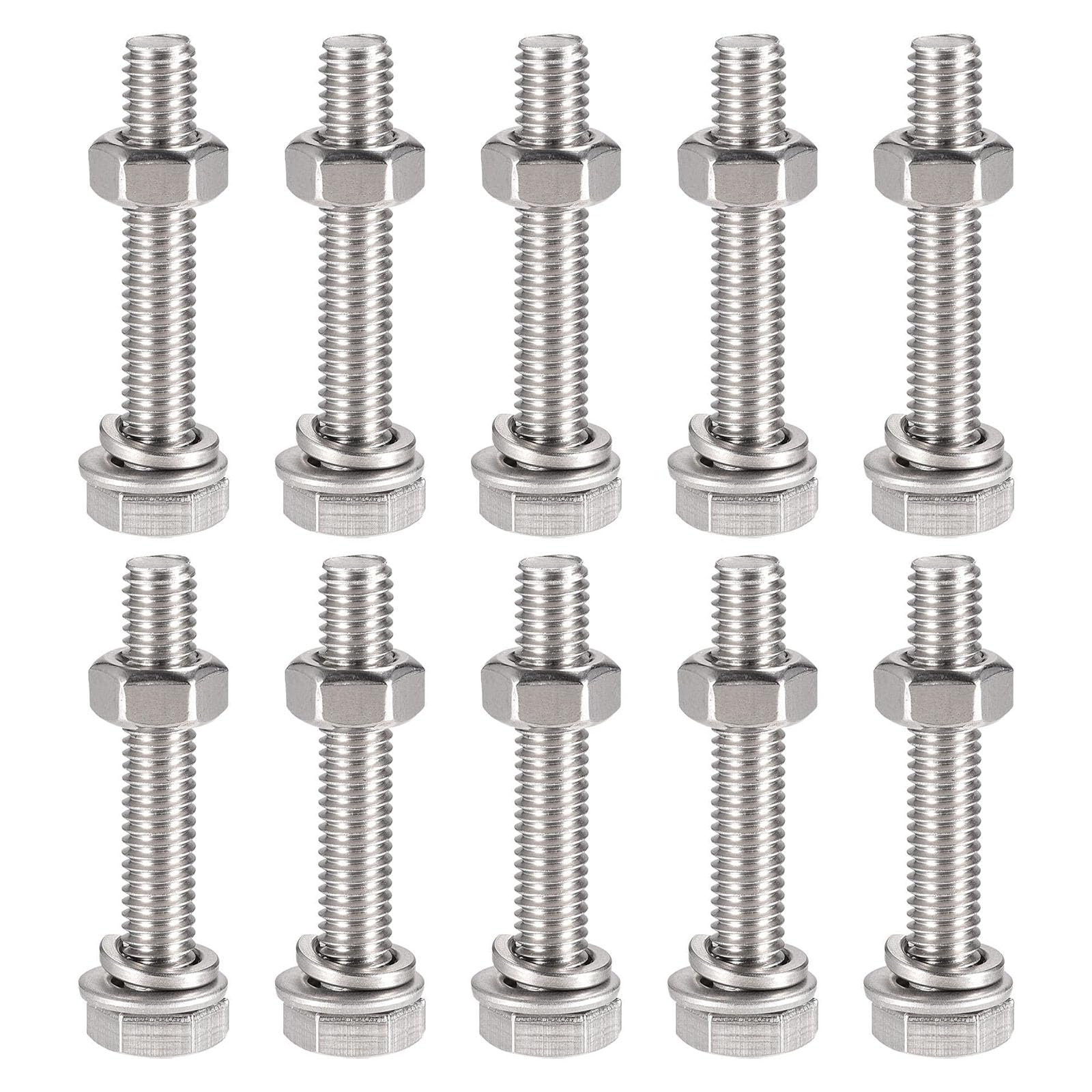TOP-VIGOR 10Pcs M6 x 35mm Hex Head Screws Bolts, Nuts, Flat & Lock Washers Kits, 304 Stainless Steel Fully Thread Hexagon Bolts for DIY Bike Motorcycles Repair
