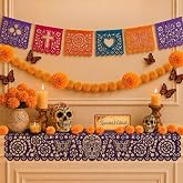 Dia De Los Muertos Decorations, Ofrenda Altar Kit for Altar de Muertos | Complete ofrenda decorations for altar with table runner, papel picado, marigolds, butterflies, and wooden sign.
