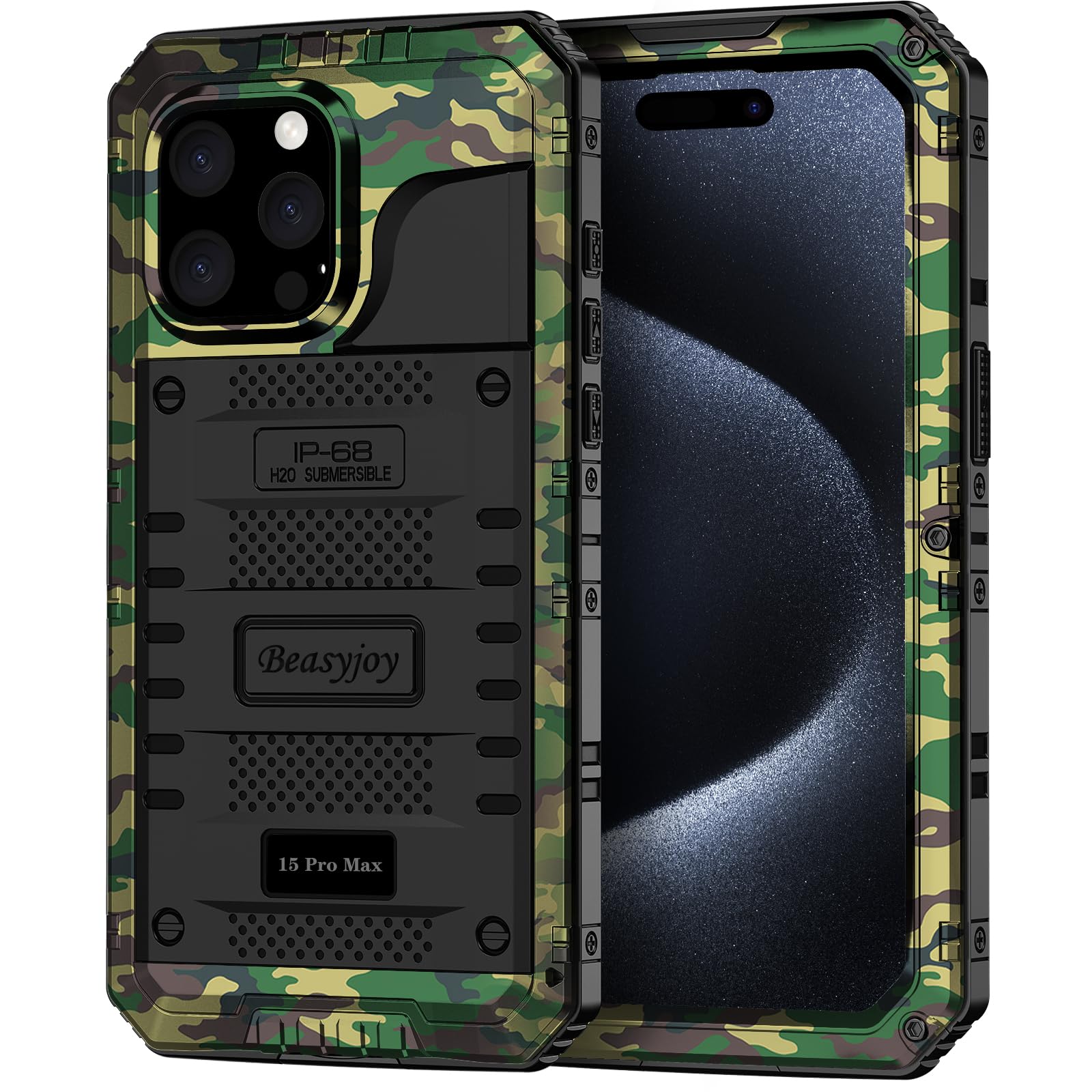Beasyjoy Compatible with iPhone 15 Pro Max Case Waterproof, Metal Heavy Duty Full Body Protective Case with Built-in Screen Protector, Military Grade Shockproof Defender Rugged Cover 6.7", Camo
