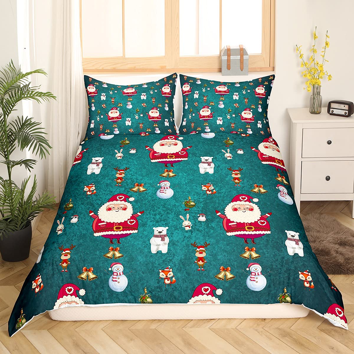 Christmas Duvet Cover Cute Snowman Santa Claus Kids Bedding Set Boys Girls Little Bear Rabbit Comforter Cover Christmas Bells Teal Blue Bedding & Linen with 2 Pillowcases 3Pcs Bedding Double
