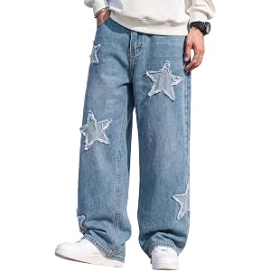 Sopula Studio Mens Baggy Jeans Wide Leg Jeans, Y2K Loose Fit Hip Hop Star Patch Denim Streetwear Pants