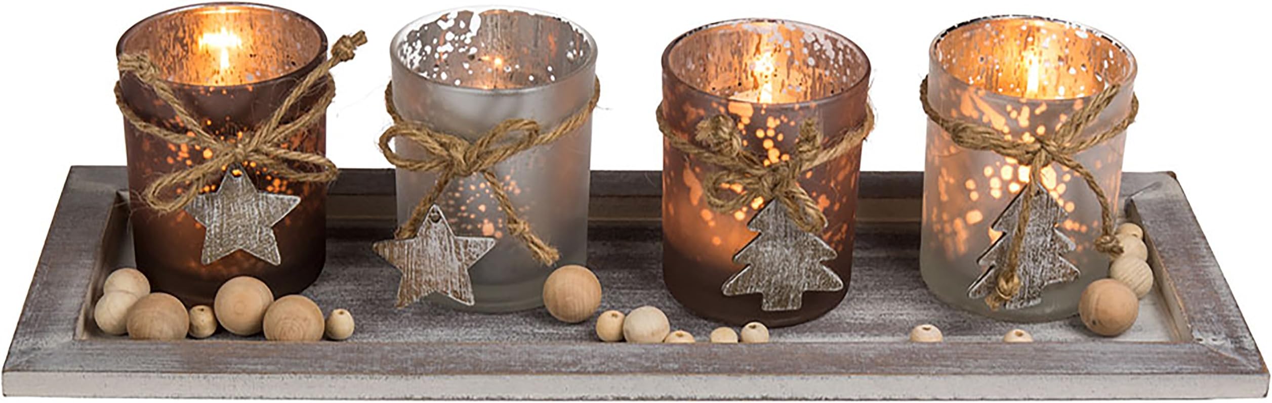 Kamaca XL Wooden Plate with LED Candles and Decoration Set of 4 Glass Candle Holders and 4 LED Tea Lights Winter Advent Christmas (40 x 15 x 15 cm)