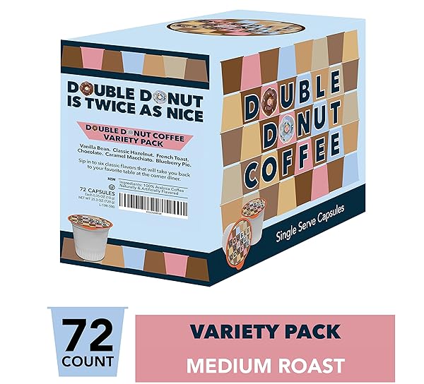 FLAVORED COFFEE VARIETY PACK WITH RECYCLABLE SINGLE SERVE FLAVORED COFFEE PODS, FOR KEURIG K CUPS COFFEE MAKERS, FROM DOUBLE DONUT COFFEE, 72 COUNT