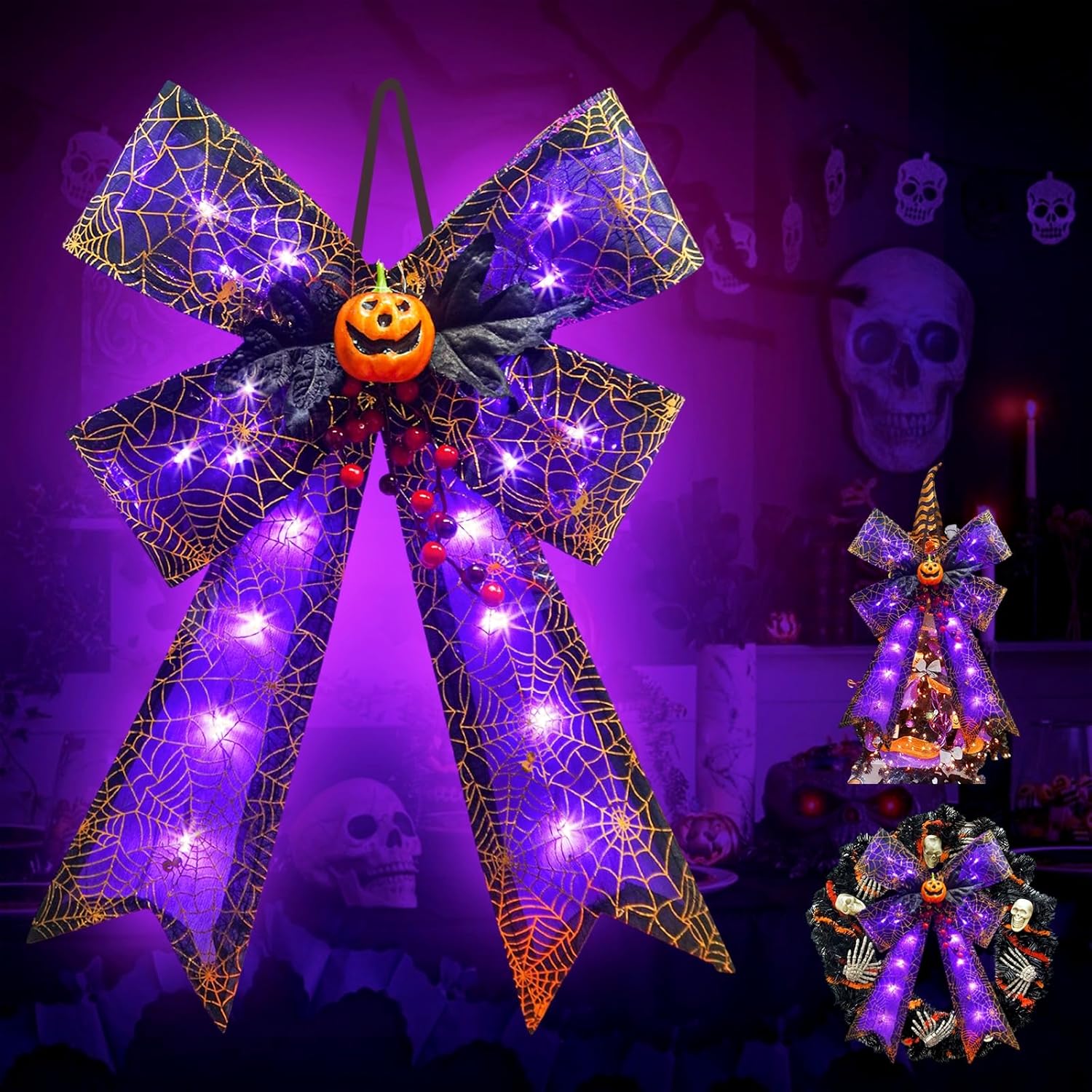 Bows & Ribbons - 21.5“ Lighted Large Halloween Bows for Wreath Decorations with Timer, 20LED Halloween Tree Topper Bows Battery Operated Decorative Bows Burlap Black Pumpkin Spider Web for Front Door Wall Spooky Decor