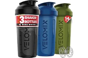VELOMIX 3 Pack 14oz Protein Shaker Bottle, Green, Black, Blue | Wire Whisk Included, Leak Proof Shaker Cups for Protein Shakes, Stackable, Dishwasher Safe, BPA Free, Gym Bag Ready