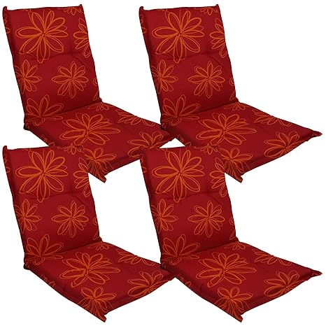 Niedriglehner Auflage Naxos für Gartenstühle 4er Set 98x49 cm Blume Rot - 6 cm Starke Premium Stuhlauflage mit Komfortschaumk