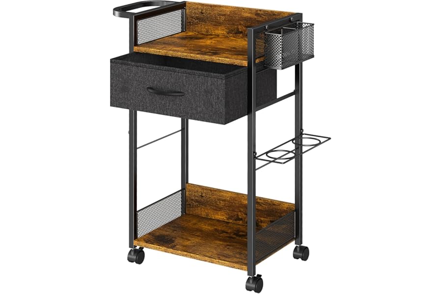 Salon Trolley Cart with Wheels, Mobile Hair Stylist Station with Metal Tool Holder & Basket, Rolling Barber Table with Fabric Drawer, Storage for Salon, Barbershop, Spa & Tattoo, Black