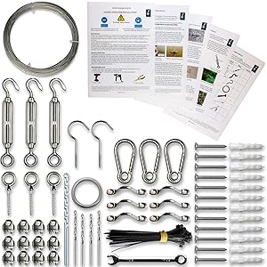String Lights Hanging Kit - String Light Suspension Kit, Installation Kit for Outdoor Lighting, LED, Globe, Café, Patio Lights Etc. 164ft Guide Wire Cable and Parts Made from Stainless Steel 316