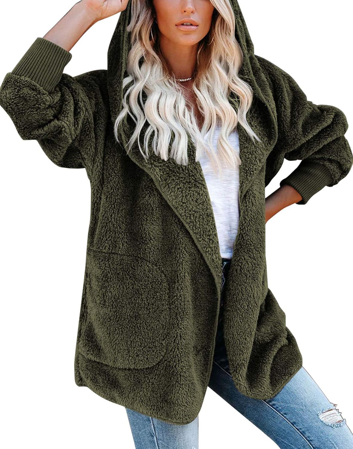 Women Fuzzy Jacket Fleece Hooded Casual Lightweight Jackets