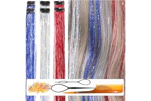 CelineBella Blue Silver Red Clip In Hair Tinsel Kit Heat Resistant Hair Strands Easy to Use Very Cute for Girls Christmas New Year Cosplay Party Halloween