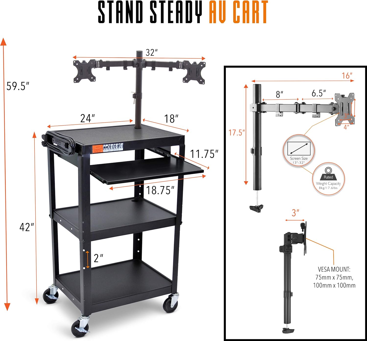 Line Leader AV Cart with Keyboard Tray and Dual Monitor Mount - Mobile Workstation/Presentation Cart with Monitor Arm - Take Your Office On-The-Go with Our Stand Up Computer Cart (Black / 24 x 18) : Office Products