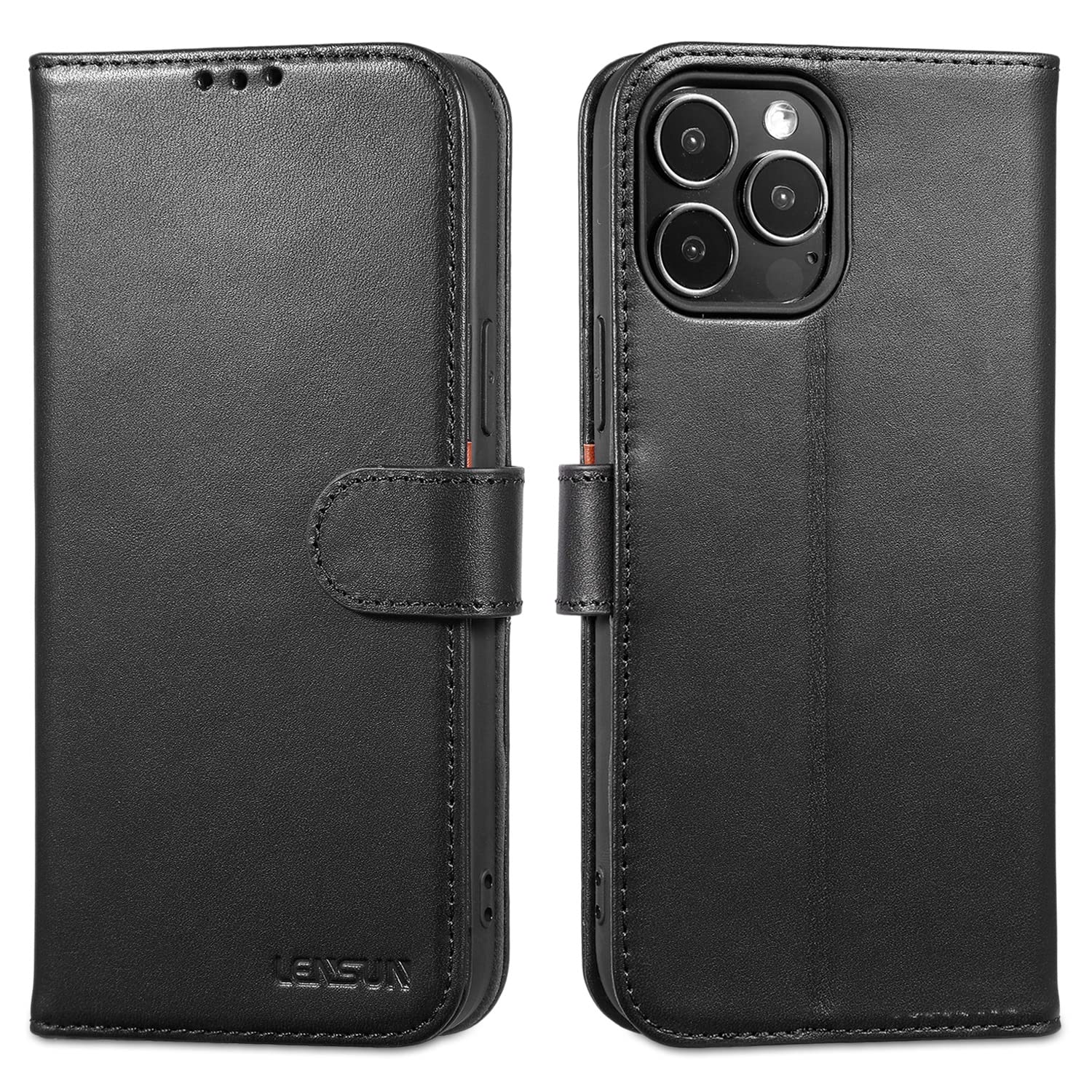 LENSUN Case for iPhone 13 Pro Max, Genuine Leather Wallet Flip Phone Cover [RFID Blocking] with Card Holder and Magnetic Closure for Apple iPhone 13 Pro Max - Black — image 1