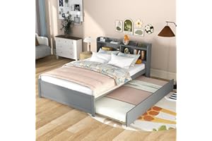 BELLEMAVE Full Size Bed Frame with Trundle,Captain’s Bed Full with Bookcase Headboard for Kids,Trundle Bed with Storage for Kids,Teens,Adults(Grey)