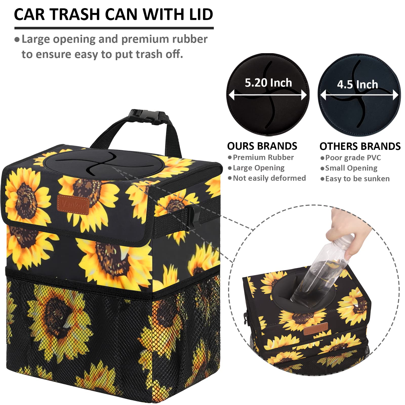 Vankor Cute Trash Can for Automotive Car, Trash Bag Bin Hanging Waterproof Leak Proof Vehicle Garbage Cans Sunflower