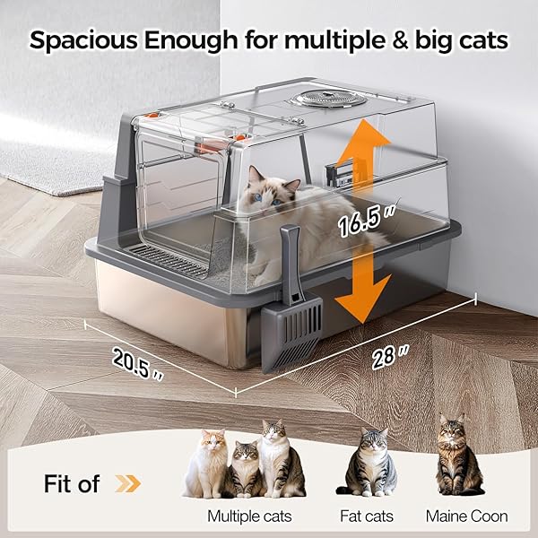 XXXL STAINLESS STEEL LITTER BOX WITH LID,28″ L X 20.5″ W X 16.5″ H EXTRA LARGE CAT LITTER BOX ENCLOSURE FOR LARGE AND MULTI-CATS FAMILIES,NON-STICKY, ANTI-LEAKAGE, EASY TO CLEAN(GRAY)