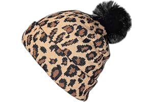 XYIYI Kids Soft Cheetah Knit Beanie Hat with Leopard Pattern and Fur Pom for Boys Girls