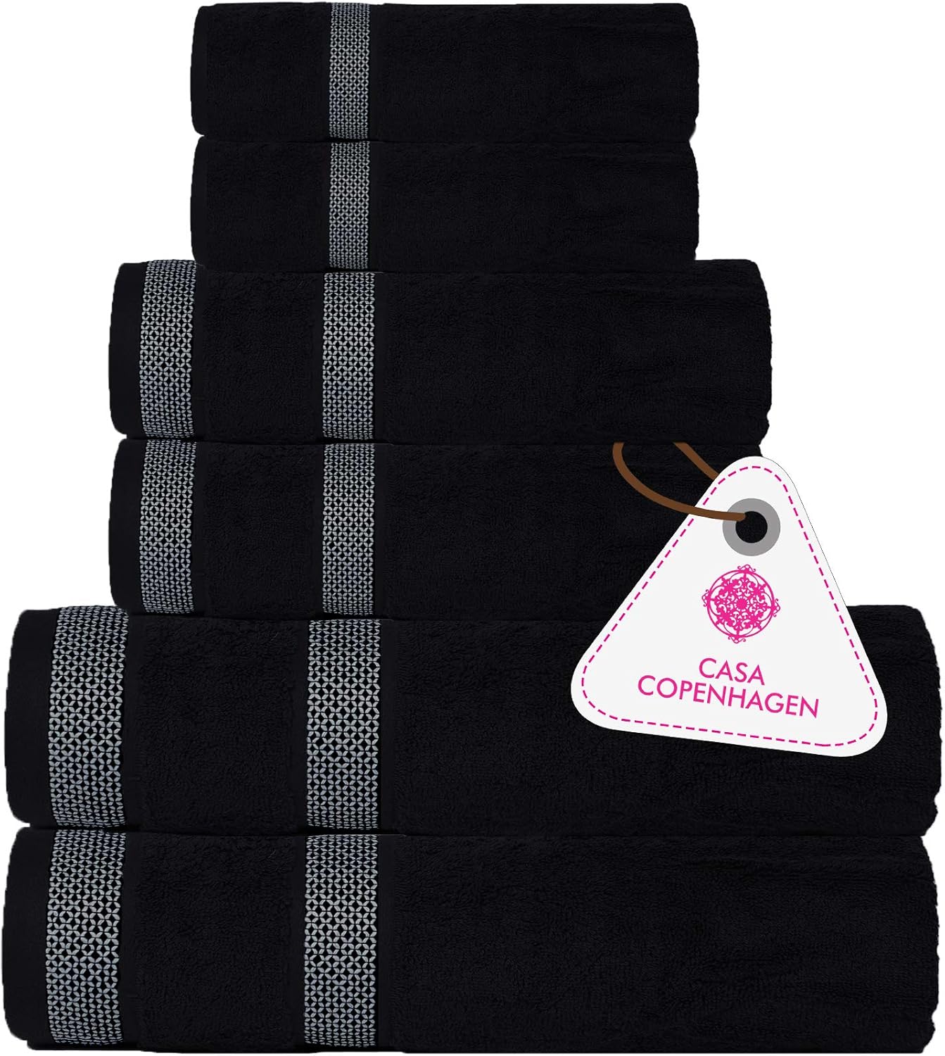 CASA COPENHAGEN Solitaire Luxury Hotel & Spa Quality, 600 GSM Egyptian Cotton, 6 Piece Turkish Towel Set, Includes 2 Bath Towels, 2 Hand Towels, 2 Washcloths, Dark Black: Home & Kitchen