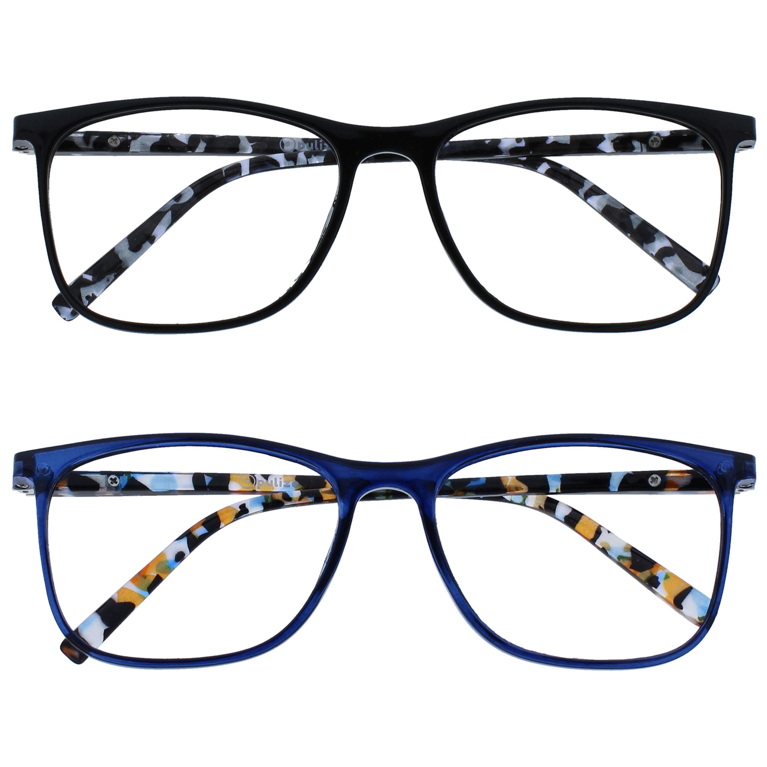 OPULIZE Arc Reading Glasses 2 Pack Stylish Slim Square Frame Spring Hinges Scratch Resistant Black Blue Patterned Arms Mens Womens RR66-13 +2.50
