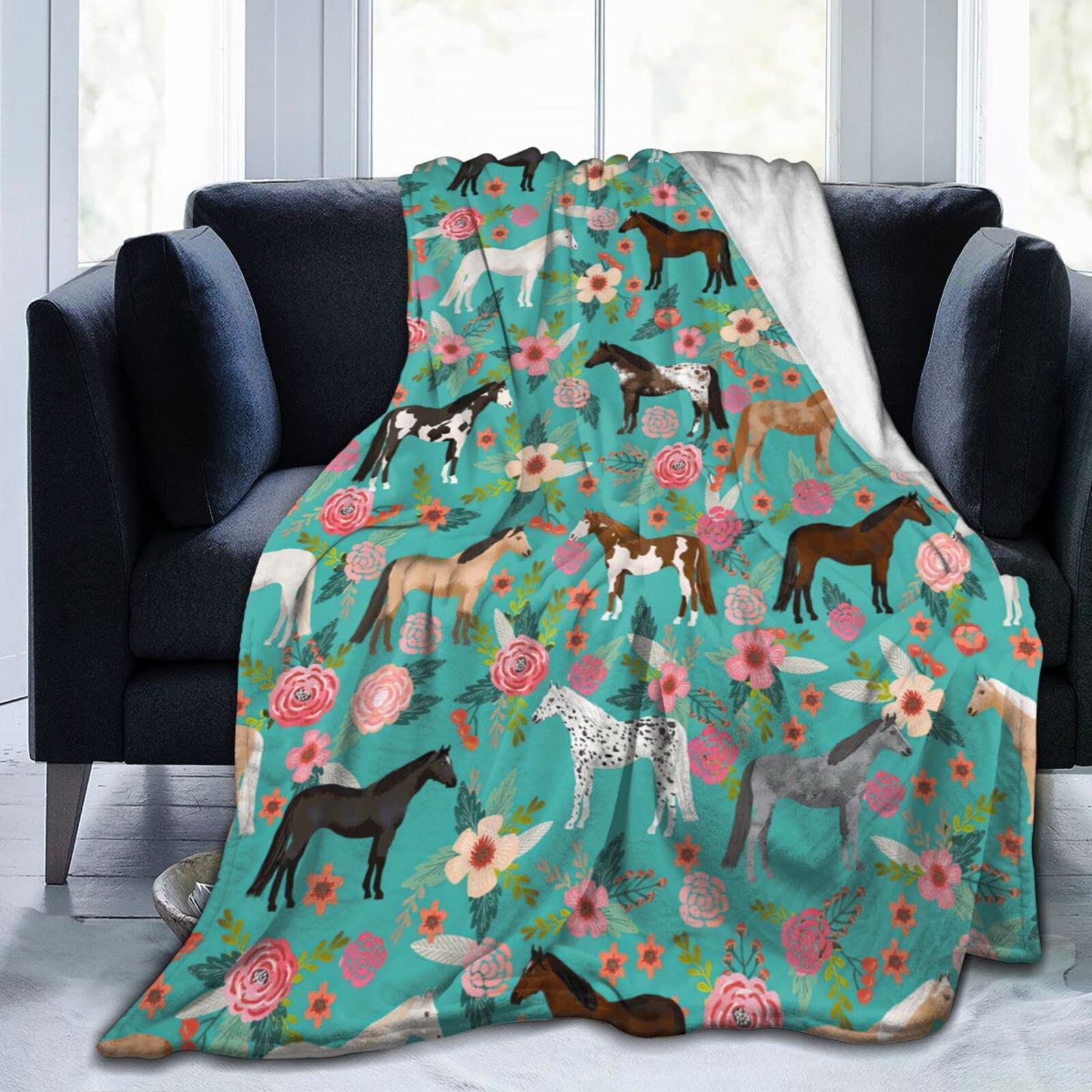 Cute Throw Horse Blanket Pony Floral All season Flannel Blanket Cartoon Farm Animal Soft and Light Plush Blanket Gift for Adults and Children 50"x60"