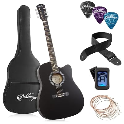 Ashthorpe 41-inch Beginner Cutaway Acoustic Guitar Package (Black), Full Size Basic Starter Kit w/Gig Bag, Strings, Strap, Tuner, Picks