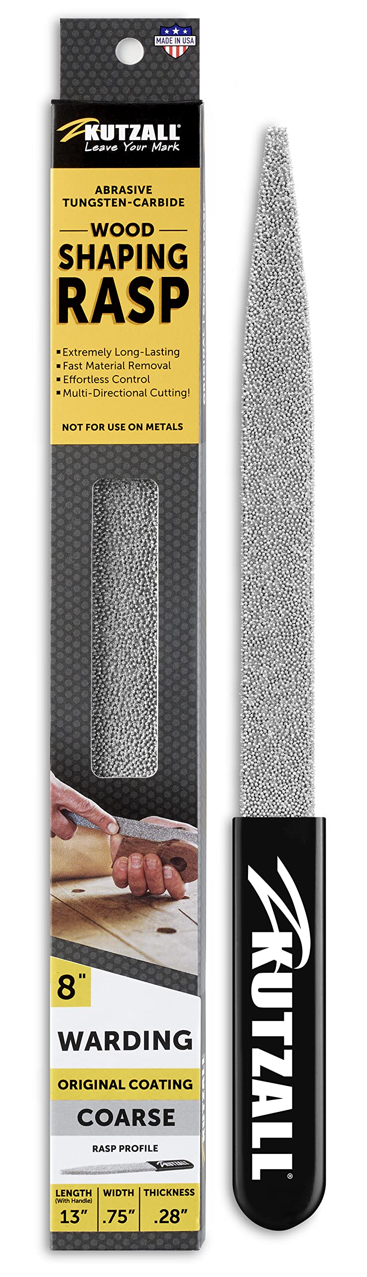 Kutzall Original 8" Warding Hand Rasp - Coarse, Wood Rasp/File Used for Woodworking & Shaping, W/Ergonomic Soft Grip Handle, Absrasive Tungsten Carbide Coating - 13" (330.2mm) Overall Length - WD8330