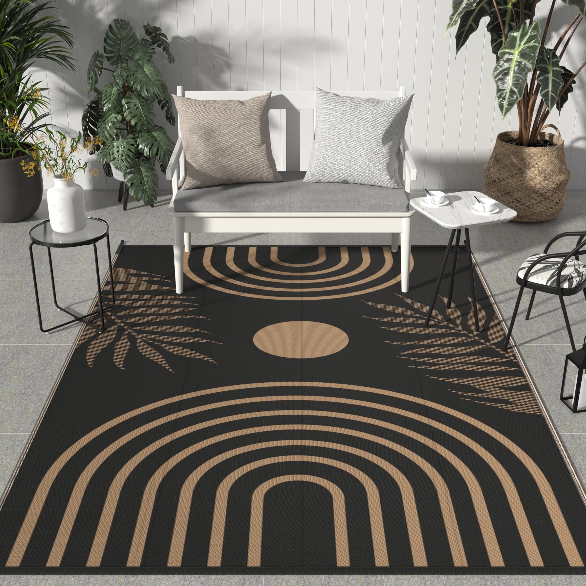 Photo 1 of GENIMO Outdoor Rug 5' x 8' Waterproof for Patio Clearance, Reversible Plastic Straw Camping Carpet, Lightweight Rugs Mats for Rv, Backyard, Deck, Porch, Picnic, Balcony, Mix-Black & Brown