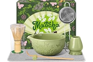 BANDICTION Ceramic Matcha Whisk Set 7 PCS Matcha Set Large Matcha Bowl, Matcha Whisk and Holder, Bamboo Scoop and Scoop Rest, Stainless Sifter and Tea Towel, Matcha Kit for Matcha Tea Ceremony Green