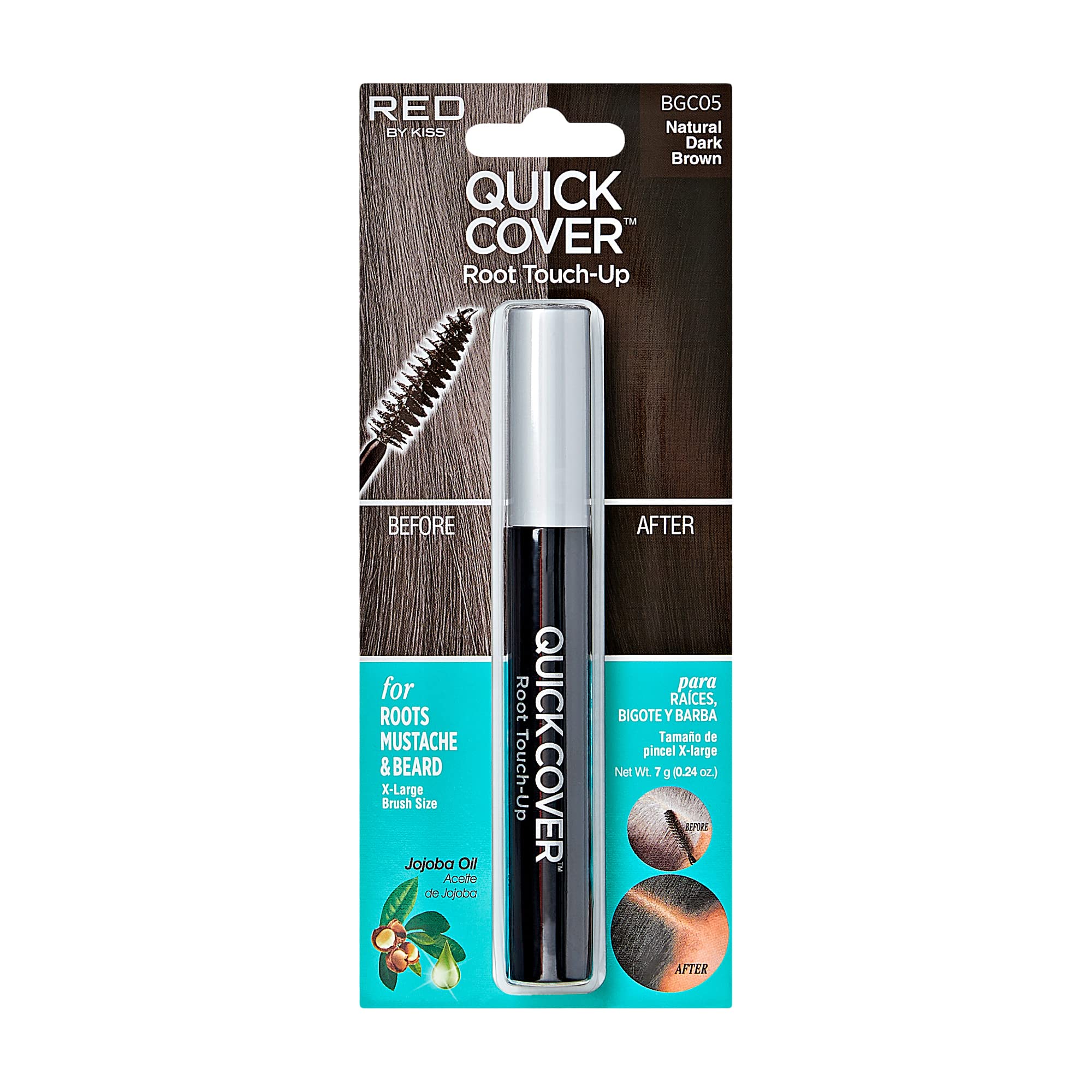 RED by KISS Quick Cover Root Touch Up Rescue (Natural Dark Brown), Mascara Natural Water-Resistant Temporary Gray Concealer Cover Up Brush for Hair Mustache & Beard, Formulated with Jojoba Oil