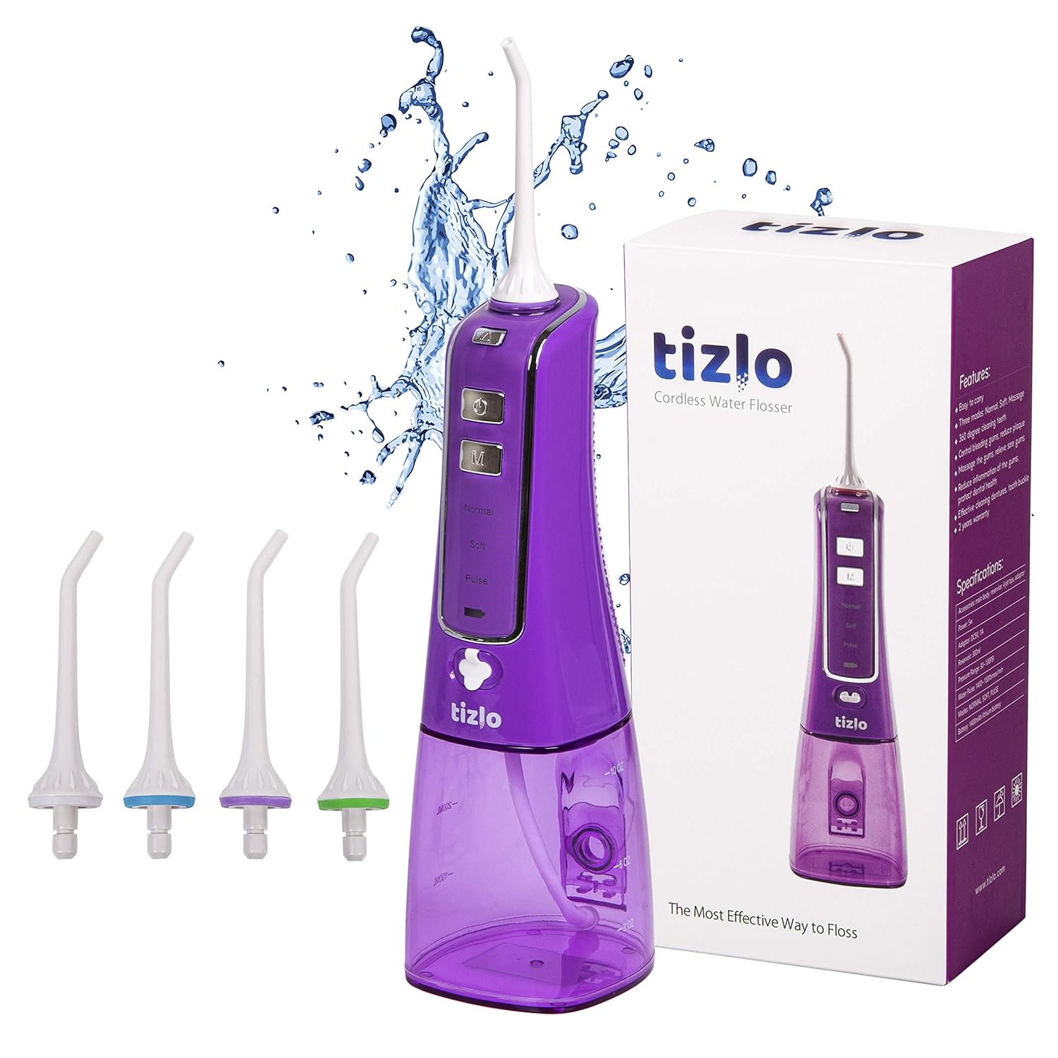 Water Flosser Cordless 10oz 300ml Rechargeable Portable 3 Modes For Brighter and Healthier Teeth IPX7 Technology Dental Waterjet - 4 Tips (Purple)