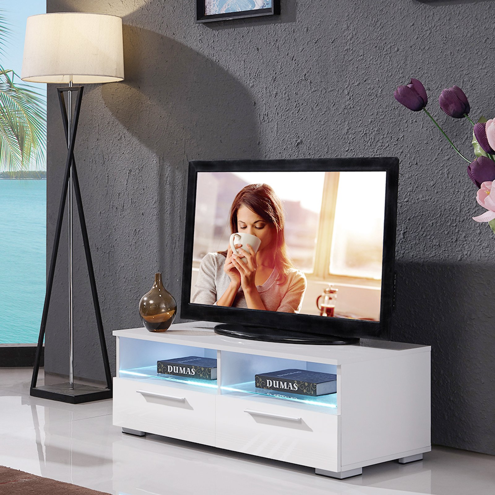 Mecor Modern High Gloss TV Unit LED TV Stand Glass Shelves for Living Room Buy Online