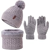 3Pcs Winter Women Beanie Hat Scarf and Touch Screen Gloves Sets Girls Classic Knit Warm Chunky Fleece Lined Cable Cap