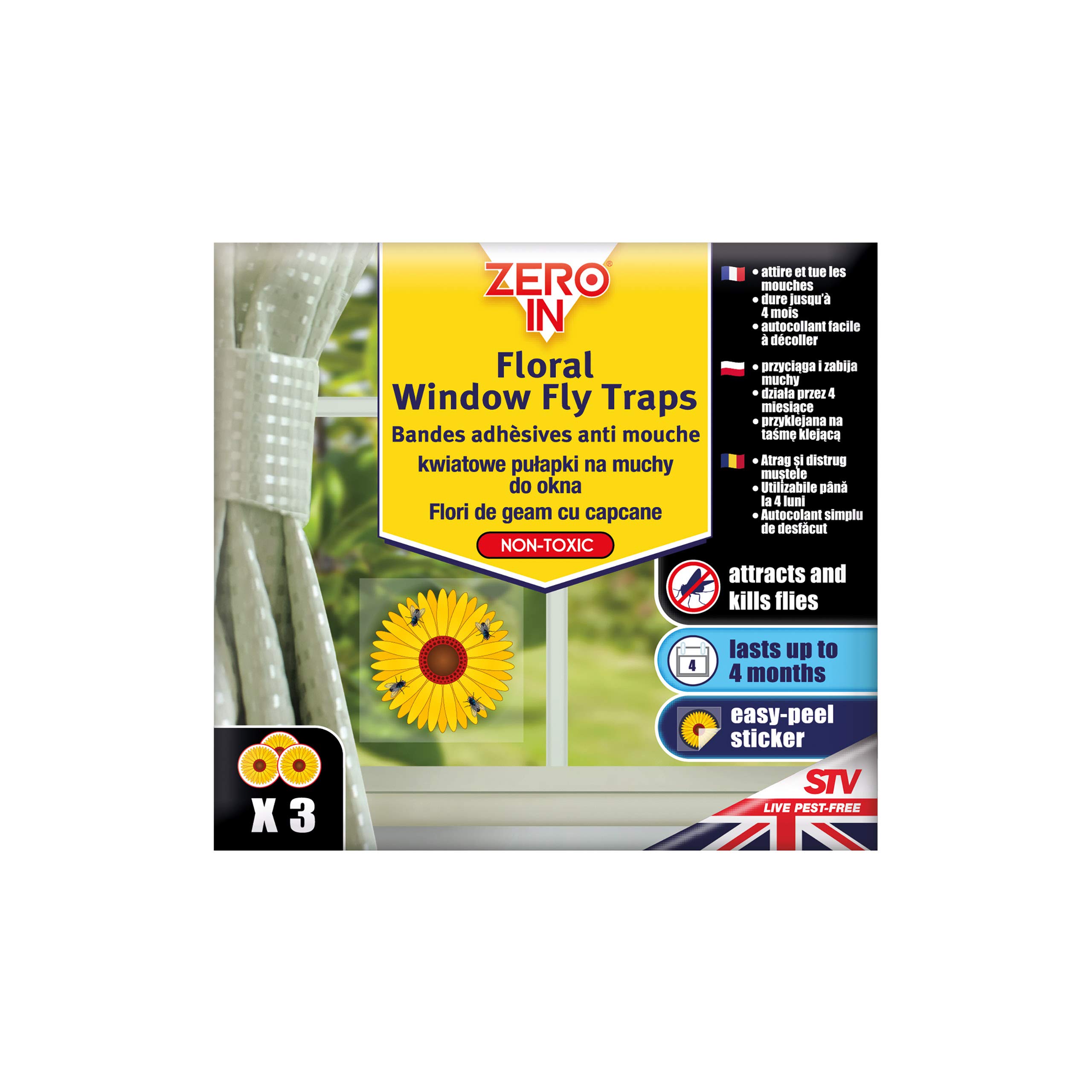 Zero in ZER011 Floral Window Fly Trap (3 Pack, Sticky Fly Traps for Windows), Multi-Colour, 6.0 cm*0.02 cm*6.0 cm