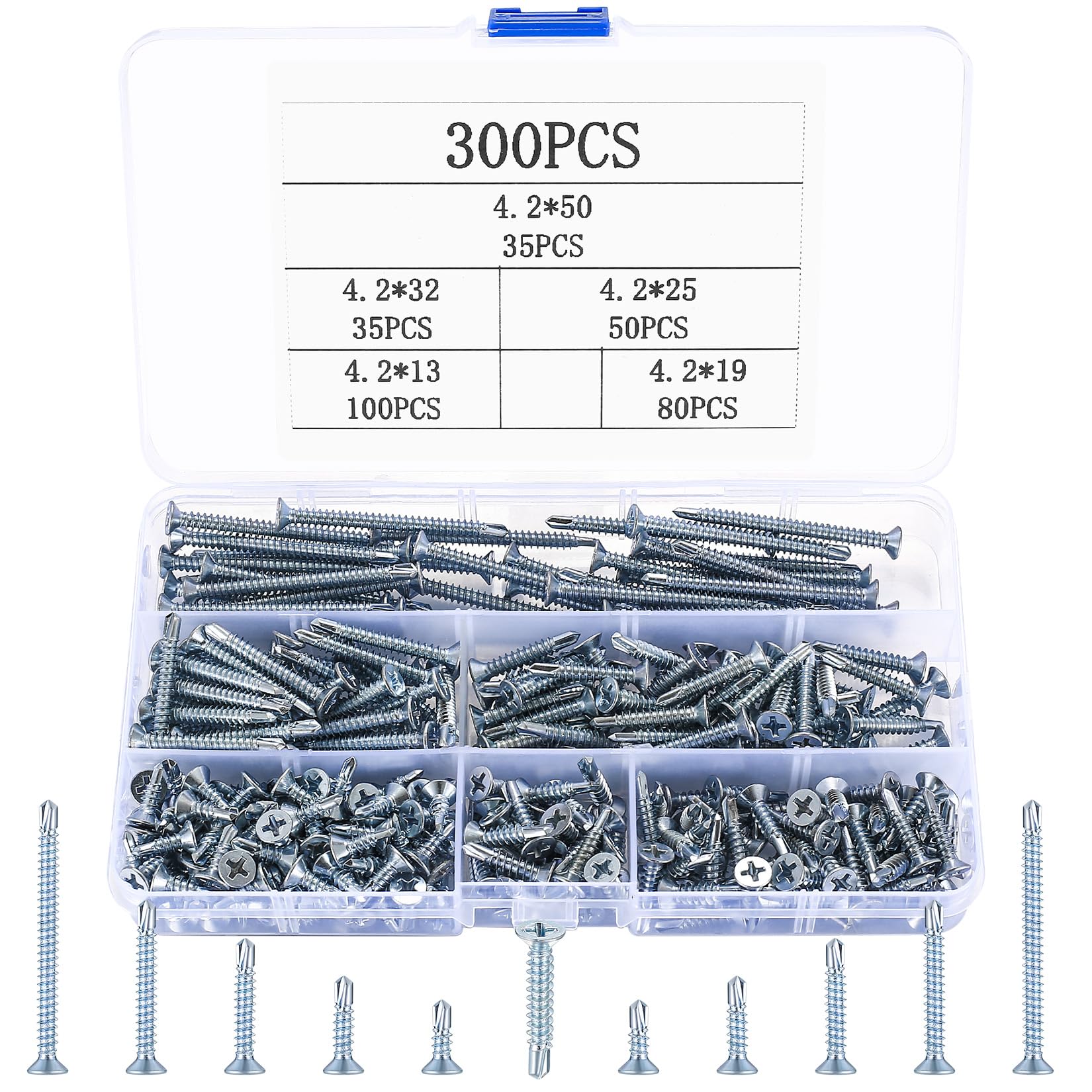 Self Drilling Screws, 300 Pcs M4.2 Flat Head Self Tapping Screws with Drilling Tail, Stainless Steel Countersunk Head Phillips Self Drilling Tek Screws for Wood Plastic Sheet Metal Screws