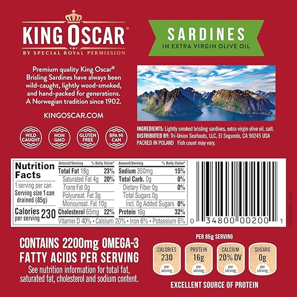KING OSCAR PREMIUM SARDINES IN EXTRA VIRGIN OLIVE OIL, 3.75-OUNCE CANS (PACK OF 1), WILD CAUGHT CANNED SARDINES