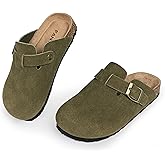 FANTURE Kids Genuine Suede Clogs with Cork Footbed - Adjustable Buckle Leather Sandals for Boys Girls Slip On Mules for Indoor & Outdoor