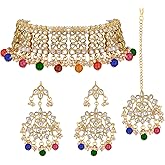 Aheli Elegant Indian Faux Kundan Studded Choker Necklace with Maang Tikka Set Ethnic Wedding Wear Bharatanatyam jewellery set Gift for Women