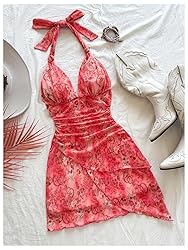 BEAUDRM Women's Floral Print Sleeveless Halter Deep