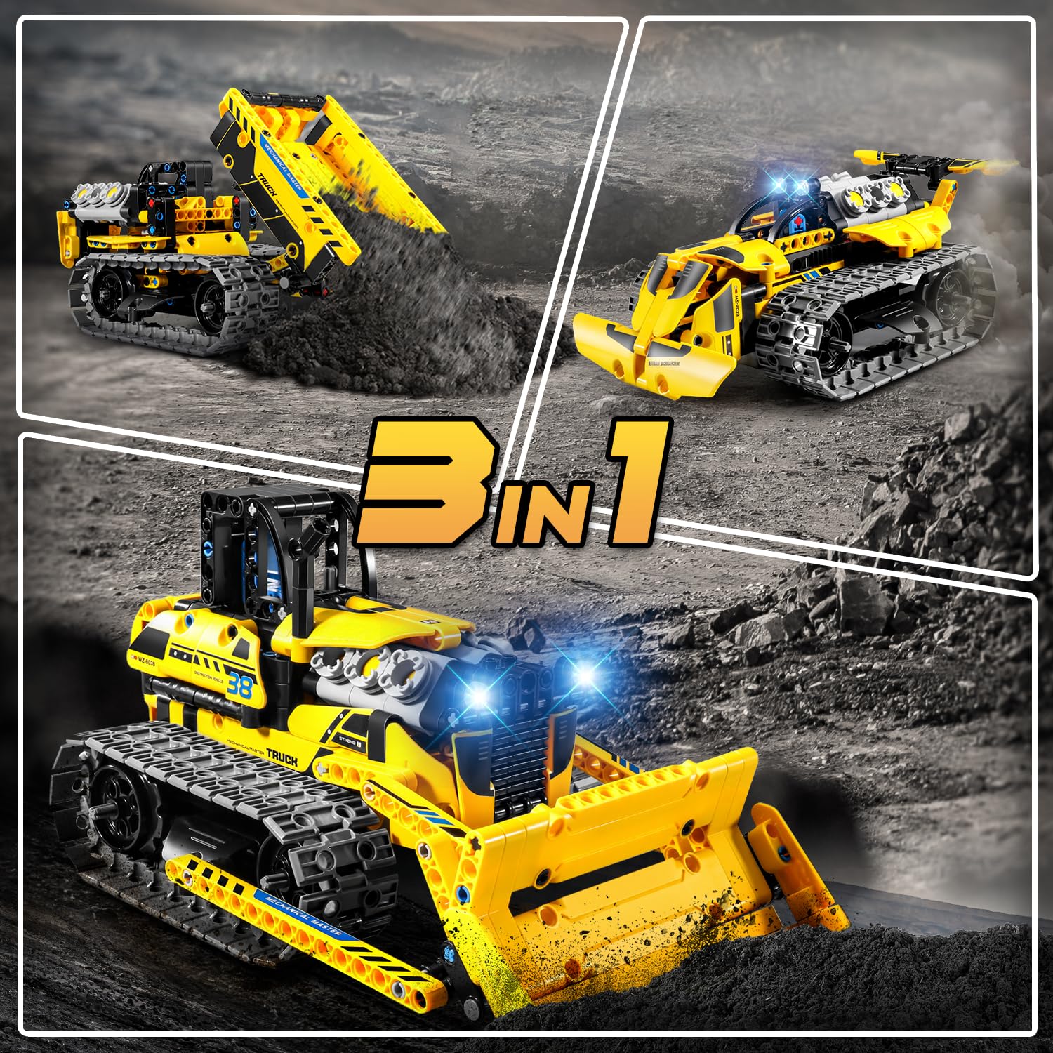 PLAXSOON Technik Ferngesteuertes Baufahrzeug Bauspielzeug mit Wiederaufladbare Akku, 3-in-1 RC STEM Bulldozer Kipplaster Klemmbausteine 452 Stück, Geschenk für Kinder Jungen ab 8-12+ Jahren 2